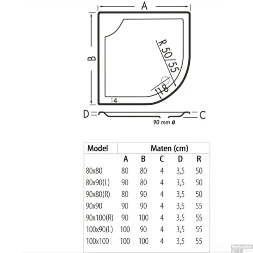 Kwartrond Douchebak Bounty 100 X 90 X 4 Cm Pergamon -Badkamer Winkel 100x90 bounty pergamon technische tekening