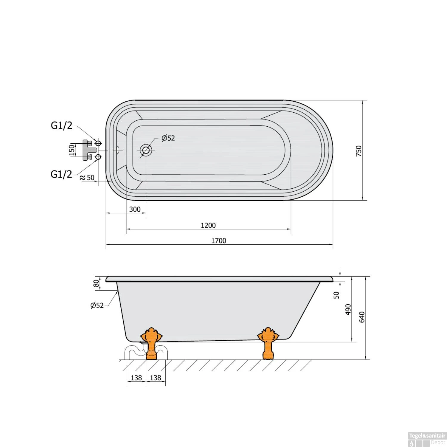 Vrijstaand Bad Sapho Foxtrot 170x75x49 Cm Wit / Zwart Met Leeuwenpoten Chroom 6 Vrijstaand Bad Sapho Foxtrot 170x75x49 Cm Wit / Zwart Met Leeuwenpoten Chroom - Afbeelding 6