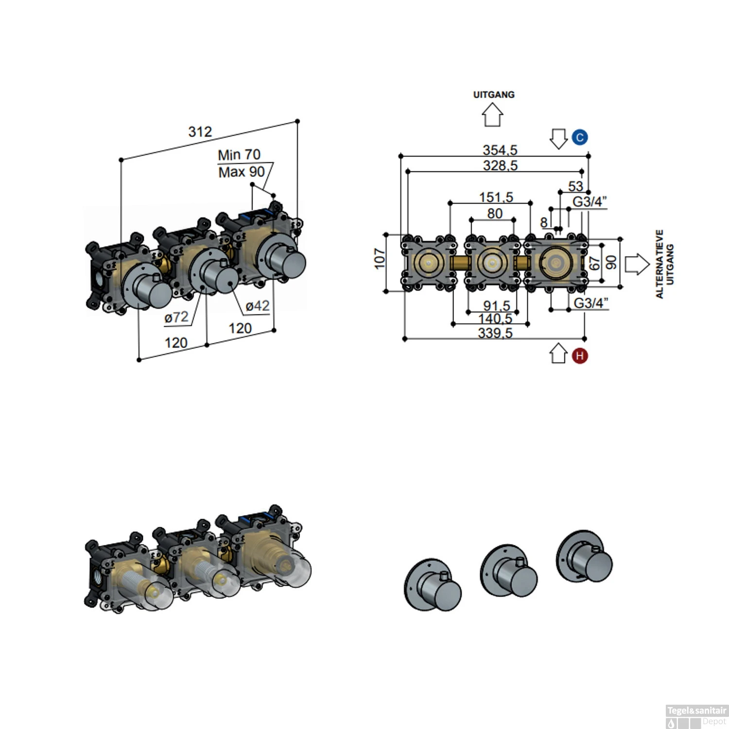 Afbouwdeel Hotbath Archie Inbouw Douche Thermostaat 2 Stopkranen Horizontaal En Verticaal Geborsteld Gunmetal PVD - Afbeelding 2