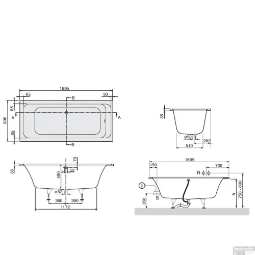Ligbad Villeroy & Boch Omnia Architectura Rechthoek Duo 170x80 Cm Wit 6 Ligbad Villeroy & Boch Omnia Architectura Rechthoek Duo 170x80 Cm Wit -Badkamer Winkel ba178ara2v page 001