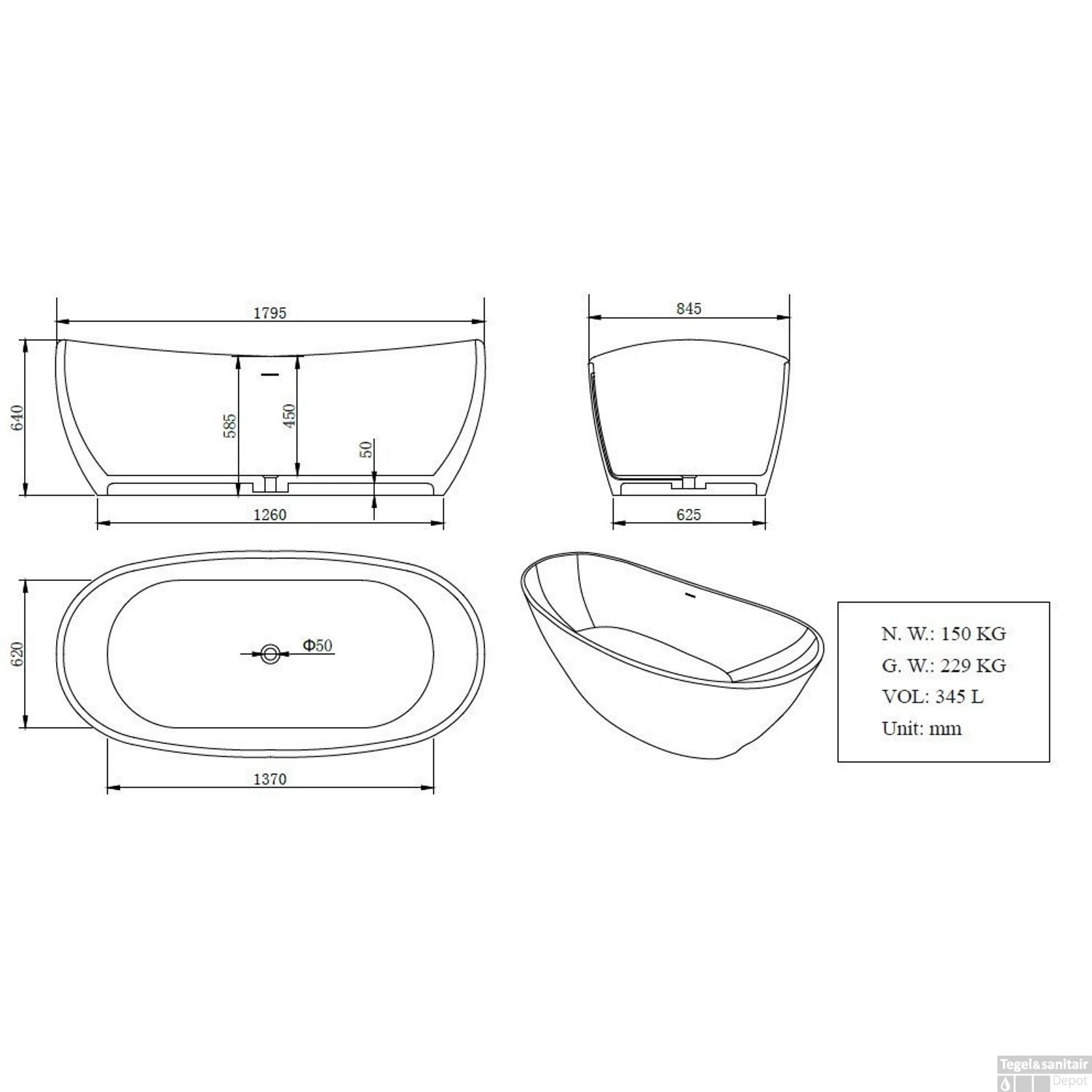 BWS Vrijstaand Bad Solid Surface Type1 179.5x84.5x64 Cm Mat Wit - Afbeelding 3