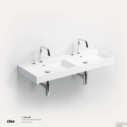 Wastafel Clou Wash Me 110x42x8 Cm Mineraal Marmer Wit (met Dubbele Wasbak)