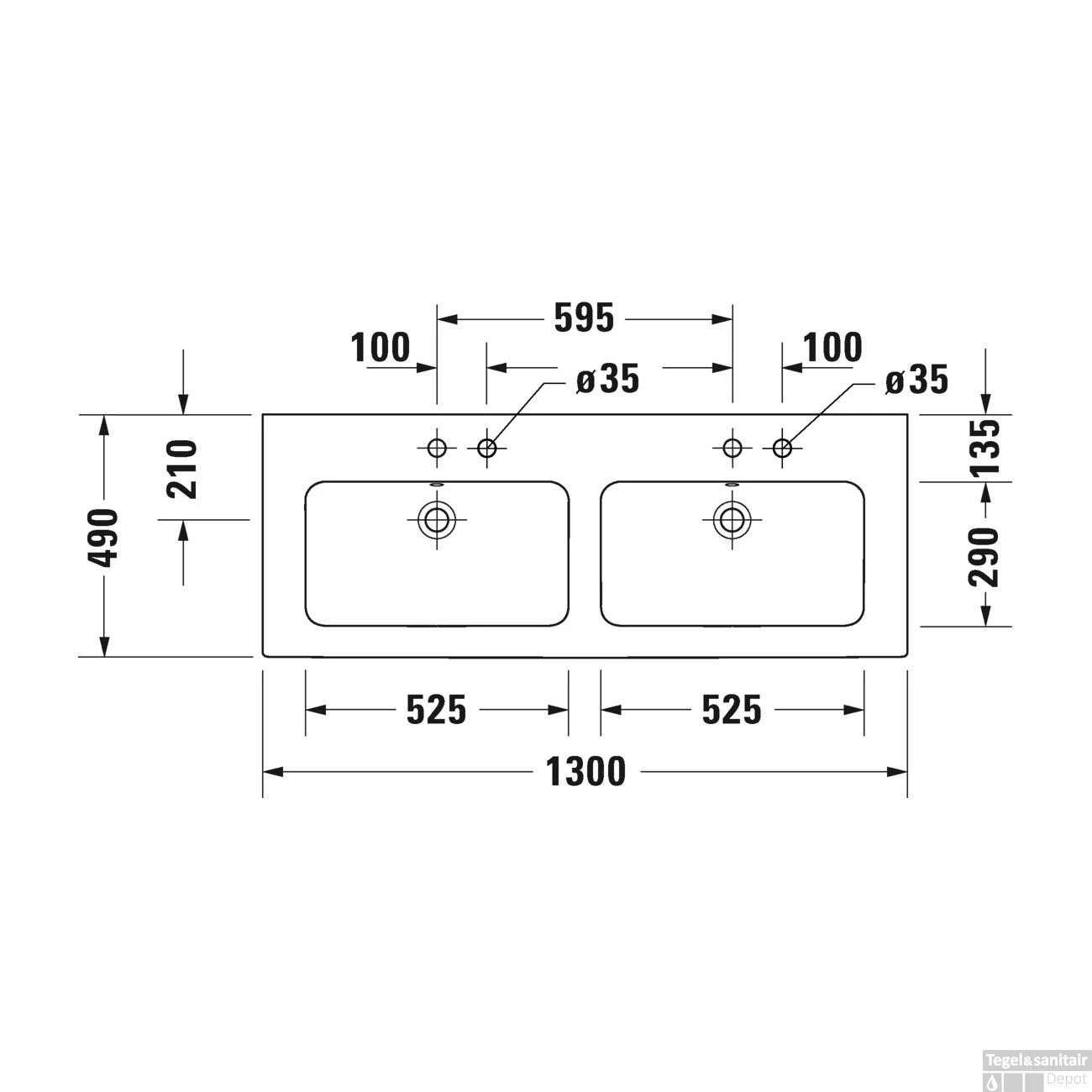 Duravit ME By Starck Dubbele Wastafel 130x49x18 Cm Keramiek Glanzend Wit - Afbeelding 3