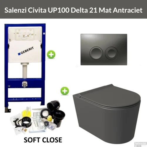 Geberit UP100 Toiletset Compleet | Inbouwreservoir | Salenzi Civita Mat Antraciet Met Drukplaat