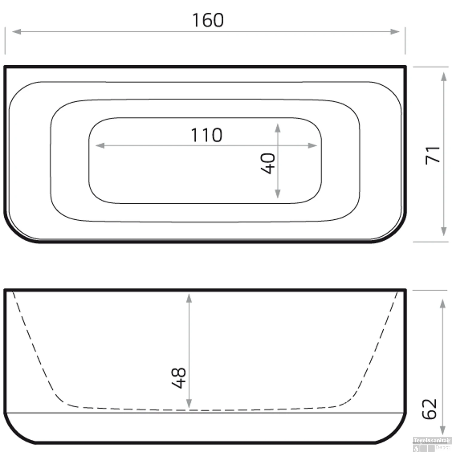 Half Vrijstaand Bad Xenz Guido 160x71x62 Cm Solid Surface Zwart - Afbeelding 2