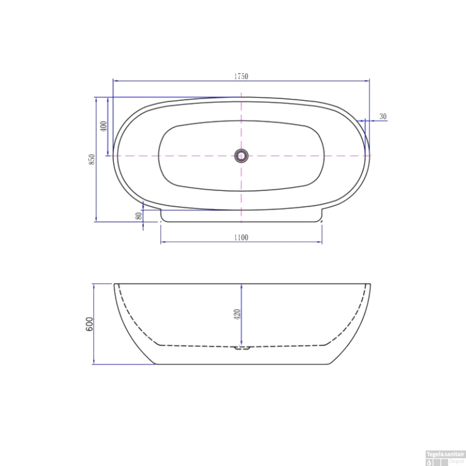Half Vrijstaand Bad Luca Sanitair Primo 175x85x60cm Acryl Glans Wit Met Overloop - Afbeelding 4