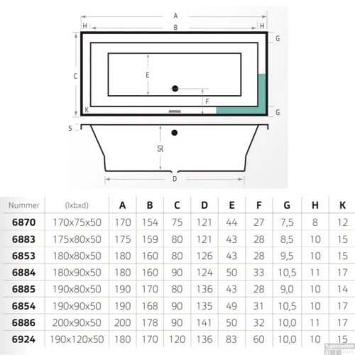 Ligbad Xenz Society Ebony 175x80x50 Cm Mat Zwart -Badkamer Winkel society technische tekening 4