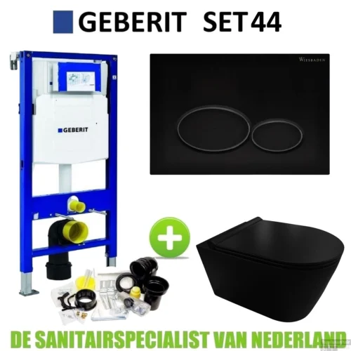 Geberit UP320 Toiletset Compleet | Inbouwreservoir | Civita Black Randloos Mat Zwart | Set 44 Met Drukplaat