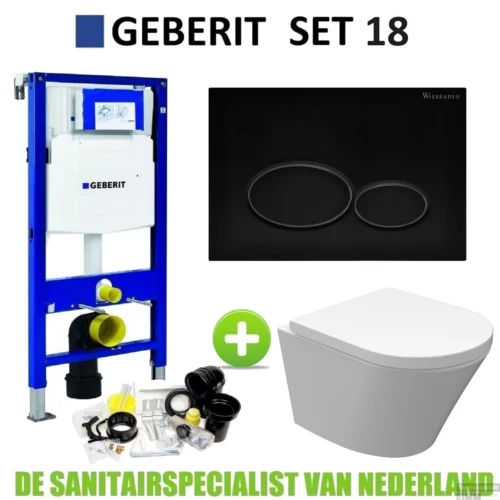 Geberit UP320 Toiletset Set18 Wiesbaden Vesta Junior Rimless 47cm Met Matzwarte Drukplaat