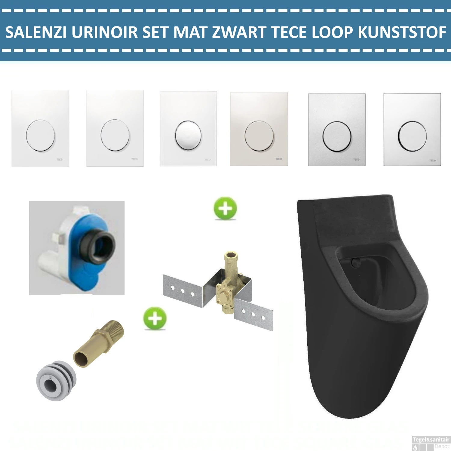 Urinoir Set Salenzi Hung Achterinlaat Mat Zwart Met TECE Loop Drukplaat Kunststof 1 Urinoir Set Salenzi Hung Achterinlaat Mat Zwart Met TECE Loop Drukplaat Kunststof