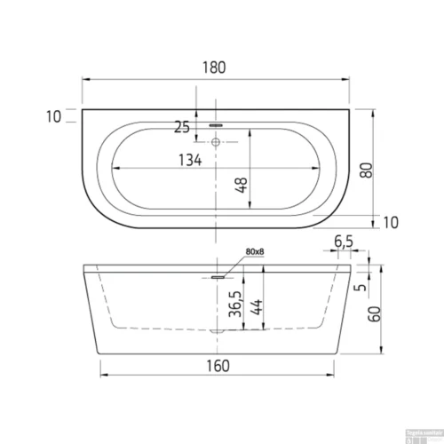 Half Vrijstaand Ligbad Xenz Charley 180x80x60 Cm Acryl Hoogglans Wit (inclusief Gleuf Overloop) -Badkamer Winkel vrijstaand bad charley 180x80.jpg tech